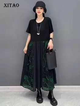 XITAO свободное пэчворк контрастного цвета женское новое повседневное платье ZY8729 One Size чёрный