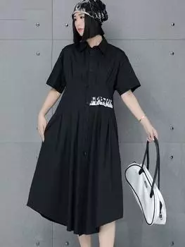 Xitao Свободное платье А-силуэта длиной до середины голени с отложным воротником, однотонное GMM1019 One Size чёрный