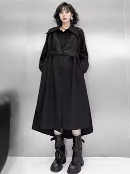 Xitao Свободное платье-рубашка из искусственной кожи в стиле пэчворк HQQ2428 One Size чёрный