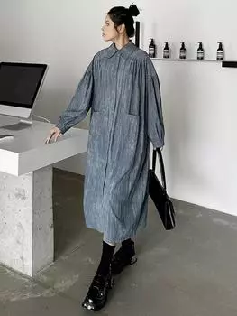 Xitao Свободное платье с длинным рукавом, повседневное, универсальное, однобортное, женское, осеннее, новое, контрастного цвета, утягивающее, нестандартное платье ZY8903 One Size чёрный