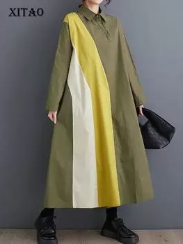 XITAO свободное платье с длинными рукавами контрастного цвета в стиле пэчворк женское повседневное платье DMJ3013
