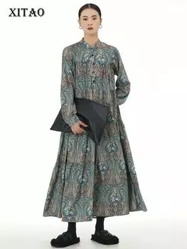 XITAO Свободное платье с длинными рукавами и принтом, модное повседневное женское платье в стиле пэчворк со складками HQQ2082 One Size зелёный