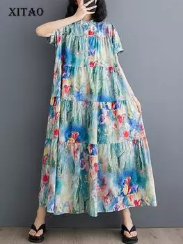 Xitao Свободное платье с короткими рукавами и воротником-стойкой WLD20229 One Size