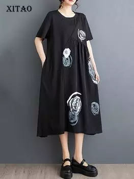 XITAO свободное платье с принтом и круглым вырезом, пуловер с короткими рукавами, женское платье LYD1786