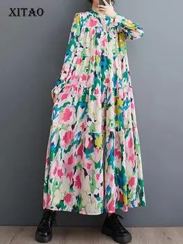 XITAO свободное платье с принтом, женское универсальное асимметричное платье с воротником-стойкой и длинными рукавами DMJ4068 One Size разноцветный