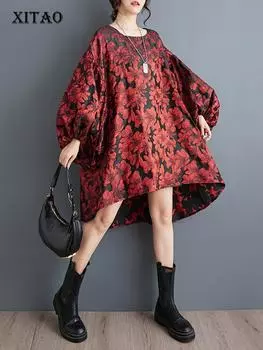 XITAO свободное темпераментное платье повседневная мода рукав-фонарик женское осеннее новое простое асимметричное трендовое платье с круглым вырезом HQQ2397 One Size красный