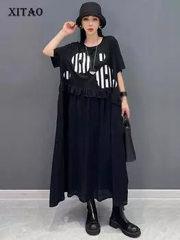 XITAO Свободное платье в полоску с принтом в стиле пэчворк с оборками, нерегулярное, повседневное, новое женское ZY8730 One Size чёрный