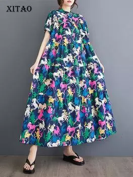 Xitao Свободное повседневное однобортное платье с коротким рукавом и принтом HQQ2352 One Size синий