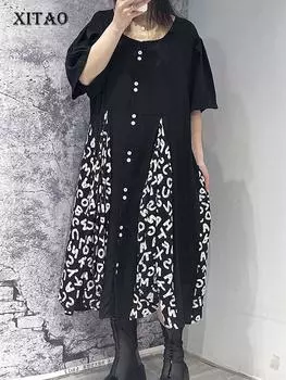 XITAO свободное повседневное платье контрастного цвета с буквенным принтом и подолом женское GJ0007 One Size чёрный