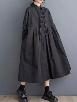 XITAO свободное повседневное платье с длинными рукавами и отложным воротником, однобортное, однотонное, простое, женское, новинка DMJ2908 One Size чёрный