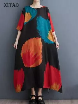 XITAO Свободное повседневное женское платье с короткими рукавами и круглым вырезом с принтом XITAO DMJ3852