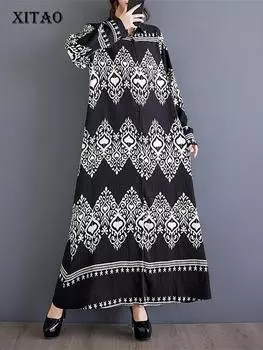 Xitao Свободное принтованное художественное модное женское платье LJ1071 One Size чёрный