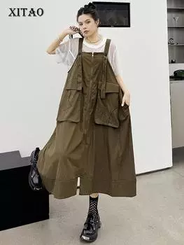 XITAO Свободное винтажное платье-слинг на молнии с большим карманом для женщин ZY8871 One Size чёрный