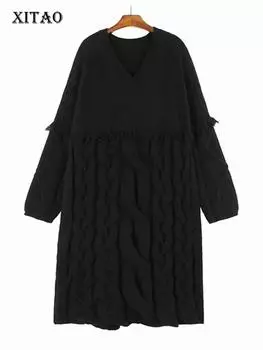 XITAO свободное вязаное платье с v-образным вырезом и кисточками, однотонное трендовое женское повседневное платье DMJ3057