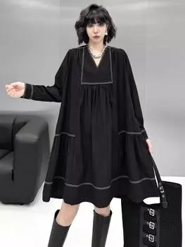 XITAO Свободное женское элегантное платье А-силуэта с V-образным вырезом и складками GMM1322 One Size чёрный