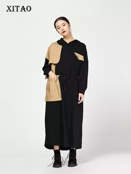 XITAO свободное женское модное новое повседневное платье с капюшоном и карманами LJT4240 One Size чёрный
