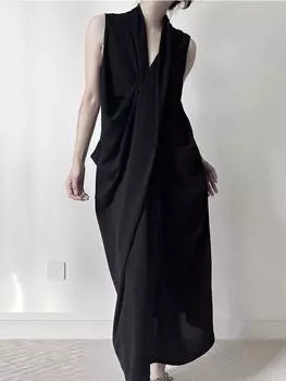 Xitao Свободное женское платье без рукавов с неровными складками ZY8878 One Size чёрный