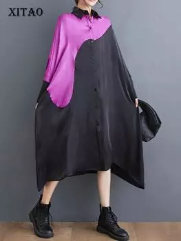 XITAO свободное женское платье нерегулярного контрастного цвета в стиле пэчворк HQQ1400 One Size чёрный