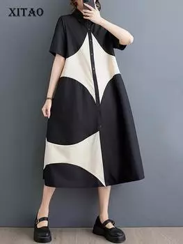 XITAO свободное женское платье-рубашка с лоскутным принтом HQQ2311 One Size чёрный