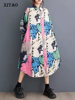 XITAO Свободное женское платье-рубашка с винтажным принтом, повседневное женское платье с длинным рукавом, осеннее новое простое асимметричное платье HJF8189