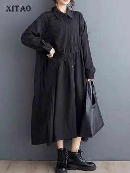 Свободное женское платье XITAO с отложным воротником и длинными рукавами ZY8889 One Size чёрный