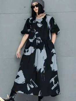 Xitao Свободное женское платье с нерегулярным принтом GMM1280 One Size чёрный