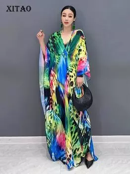 XITAO свободное женское платье с v-образным вырезом и рукавами «летучая мышь» ZY8774