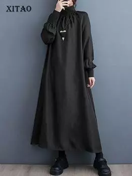 XITAO свободное женское платье с высоким воротником нерегулярное женское повседневное платье DMJ2337 One Size зелёный