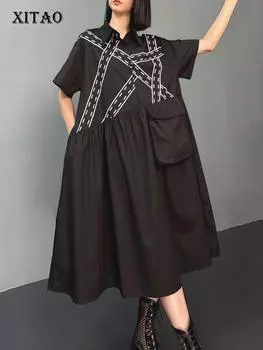 Xitao Свободное женское повседневное платье в нерегулярную полоску HQQ2368 One Size белый