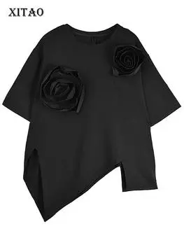 XITAO свободные асимметричные футболки с цветочным принтом, новый повседневный женский топ нестандартной формы HJH21301