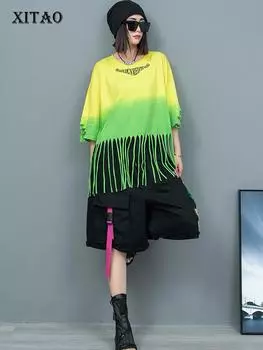 XITAO свободные контрастные цветные футболки с кисточками и отверстиями для женщин, новый топ с трендовым принтом ZY8726