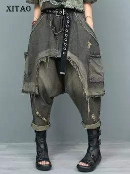 XITAO свободные лоскутные женские брюки длиной до щиколотки, модные новые нестандартные брюки HQQ2323 L чёрный