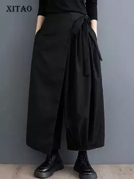 XITAO свободные повседневные черные широкие брюки асимметричные лоскутные повязки женские DMJ2703