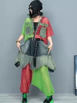 XITAO свободные сетчатые джинсовые брюки контрастного цвета с перекрестной библиотекой, женские комплекты из двух предметов HQQ2346