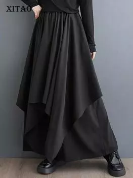 XITAO свободные широкие брюки с нерегулярными складками, однотонные асимметричные женские повседневные брюки HQQ1819 One Size чёрный