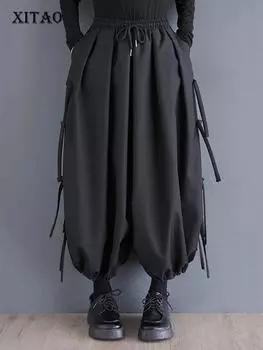 XITAO свободные широкие брюки с повязками, черные модные индивидуальные женские повседневные брюки DMJ3987