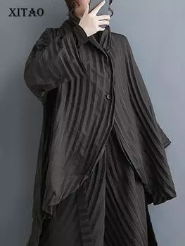 XITAO свободные складки нерегулярной рубашки однотонный женский топ на пуговицах LYD1575 One Size чёрный