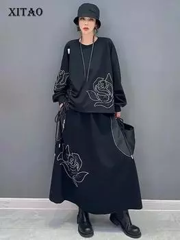 XITAO свободные складки в стиле пэчворк, комплект из двух предметов, нерегулярная юбка, женский пуловер, топ HQQ1627 One Size чёрный