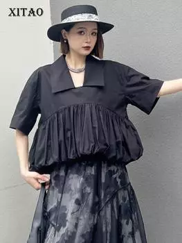 XITAO свободные складки, женская черная повседневная рубашка нерегулярной формы WLD20206