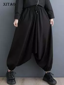 XITAO свободные складные брюки-шаровары длиной до щиколотки модные повседневные женские брюки HQQ2204 One Size чёрный