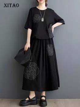 XITAO свободный комплект из двух предметов, модный топ с цветочным принтом в стиле пэчворк, женские комплекты ZY8744 One Size чёрный