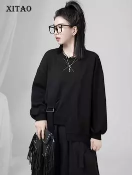 XITAO свободный повседневный пуловер женский нерегулярный свитшот DMJ2223 One Size чёрный