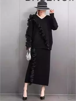 Xitao Свободный трикотажный комплект из двух предметов с V-образным вырезом GMM1292 One Size чёрный