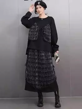 Xitao Свободный женский комплект с длинными рукавами и круглым вырезом на резинке GMM1068 M чёрный