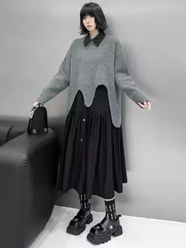 Xitao Свободный женский свитер с неровным круглым вырезом GMM1290 One Size серый