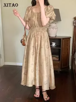 XITAO Temperament Плиссированное женское платье с короткими рукавами и принтом HQQ1260 One Size хаки