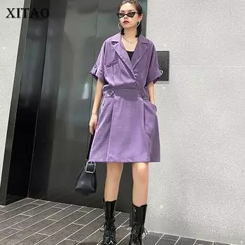 XITAO Tide Плиссированное карманное платье Модное свободное женское платье DZL1193 One Size чёрный