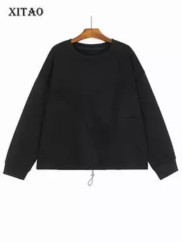 XITAO толстовка со свободными рукавами, повседневная мода в стиле пэчворк, однотонный женский топ с завязками, DMJ3063 One Size чёрный