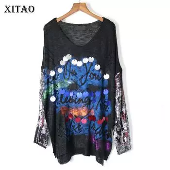 XITAO тонкий ажурный свитер с пайетками и буквами, женская одежда, модная винтажная свободная одежда с v-образным вырезом и длинными рукавами, новинка WQR1962 One Size