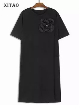 Xitao Трехмерное платье с цветочным украшением, однотонное женское платье ZY8689 One Size белый